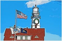 American Flags During Holiday at Portland Light - Digital Painti